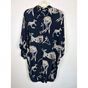 Vintage New‎ Options Kangaroo Shirt One Size Navy Zoo Oversize Button Down Artsy